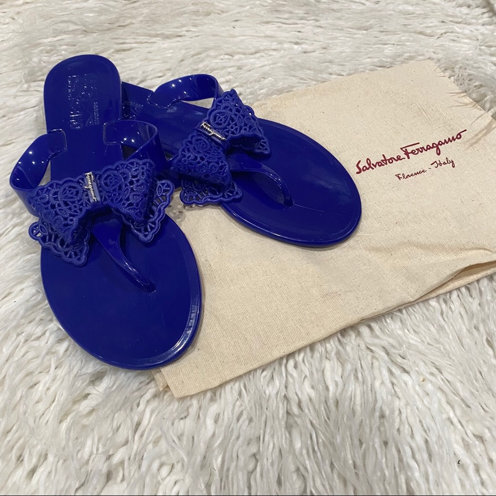 Salvatore Ferragamo Royal Blue Jelly Bow Thong Sandals
